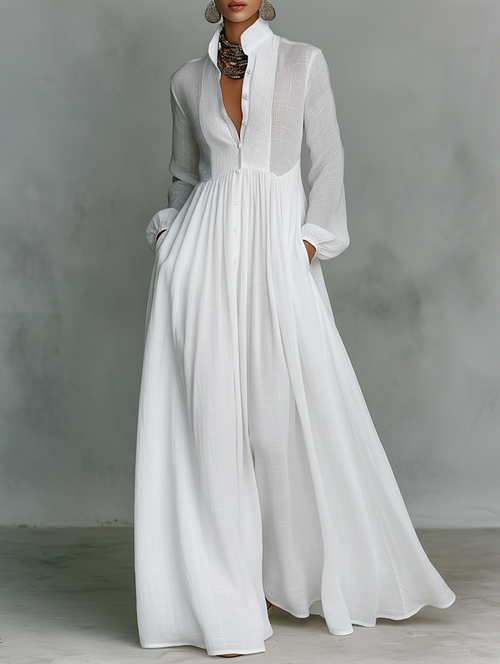Maxi Minimalista in Cotone e Lino con Patchwork, Collo Alto e Maniche Lunghe