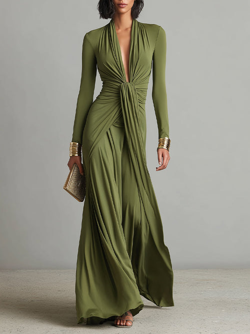 Abito Maxi Glamour Verde Oliva in Seta Elastico con Profondo Scollo a V e Dettagli Arricciati