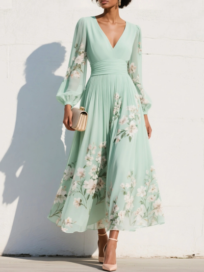 Abito Maxi Plissè in Chiffon Verde Menta con Stampa Floreale per Donne