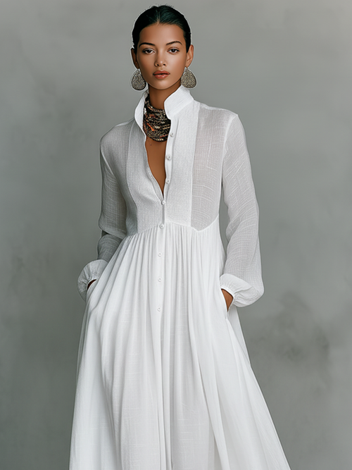 Maxi Abito Minimalista in Cotone e Lino con Patchwork, Collo Alto e Maniche Lunghe