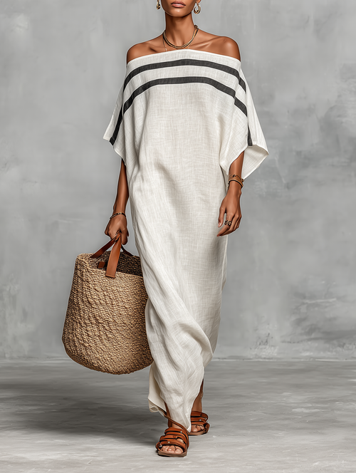 Maxi Abito Minimalista in Lino per Donna con Scollo Off-the-Shoulder e Maniche a Campana