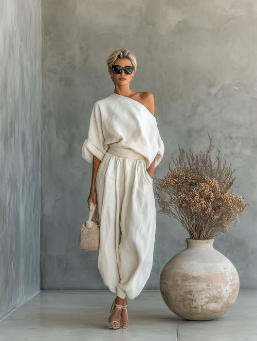 Set Donna in Lino Off-White con Top Off-Shoulder e Pantaloni Tapered