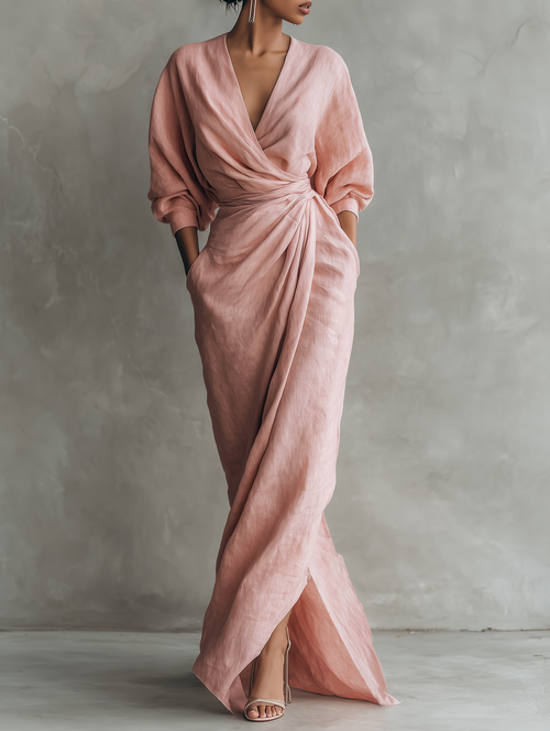 Abito Maxi Rosa Minimalista da Donna con Scollo a V in Misto Lino