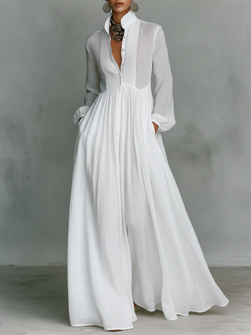 Maxi Abito Minimalista in Cotone e Lino con Patchwork, Collo Alto e Maniche Lunghe