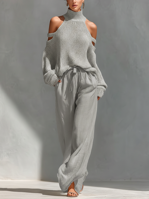 Completo Top Collo Alto con Spalle Scoperte in Maglia Beige per Donne & Pantaloni a Gamba Larga