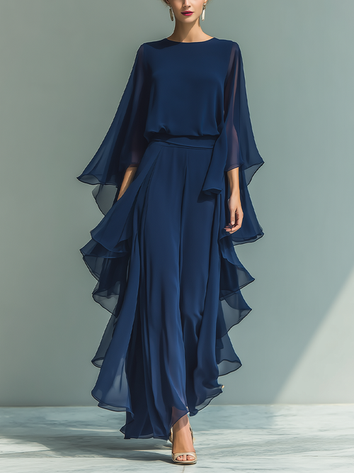 Completo in Chiffon Blu Navy con Maniche Svasate e Pantaloni Dritti con Dettagli Ruchés