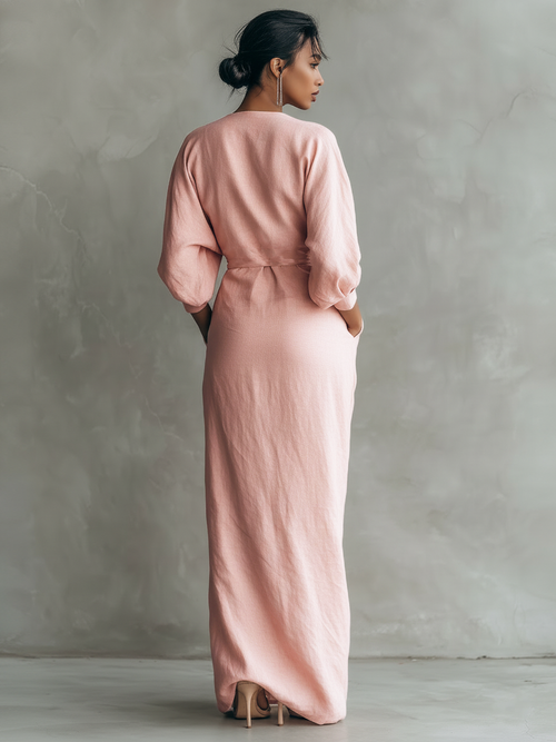 Abito Maxi Rosa Minimalista da Donna con Scollo a V in Misto Lino