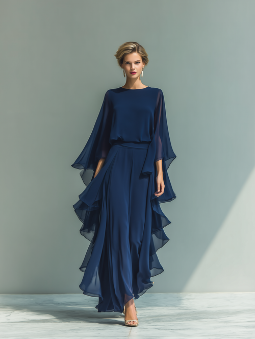 Completo in Chiffon Blu Navy con Maniche Svasate e Pantaloni Dritti con Dettagli Ruchés