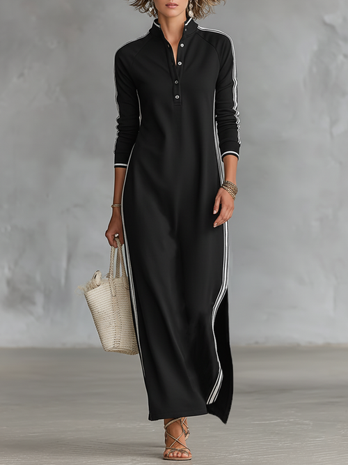Abito Maxi Donna in Felpa con Colletto Button-Down e Dettagli Bianchi