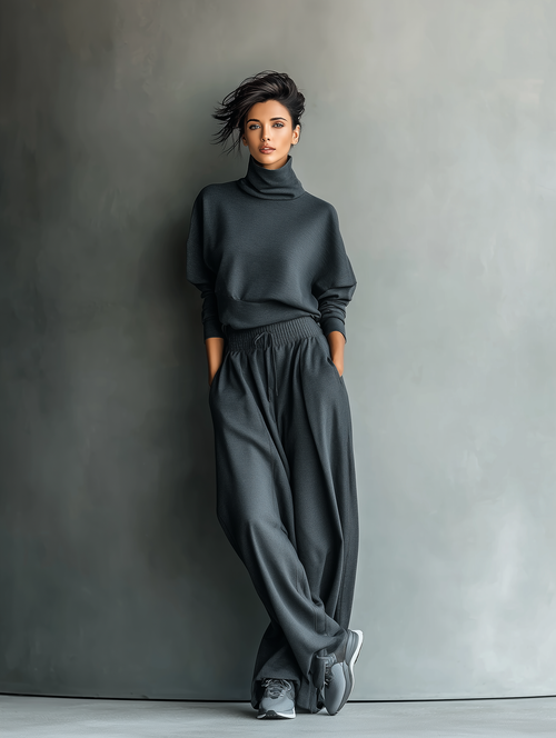 Completo da donna in maglia di carbone con collo alto e pantaloni a gamba larga